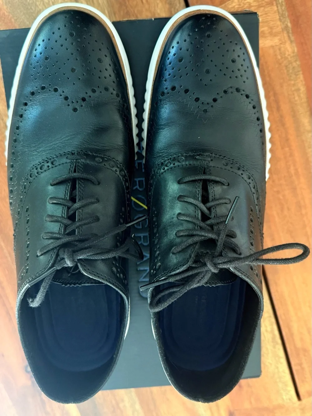Cole Haan Black Leather Wingtip Oxfords with White Sole